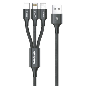 3 in 1 Nylon Braided USB Fast Charging Cable with Type C, Lightning and Micro USB Port